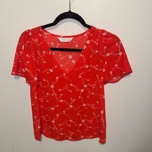 LC Lauren Conrad Red Floral V-Neck Flutter Sleeve Blouse